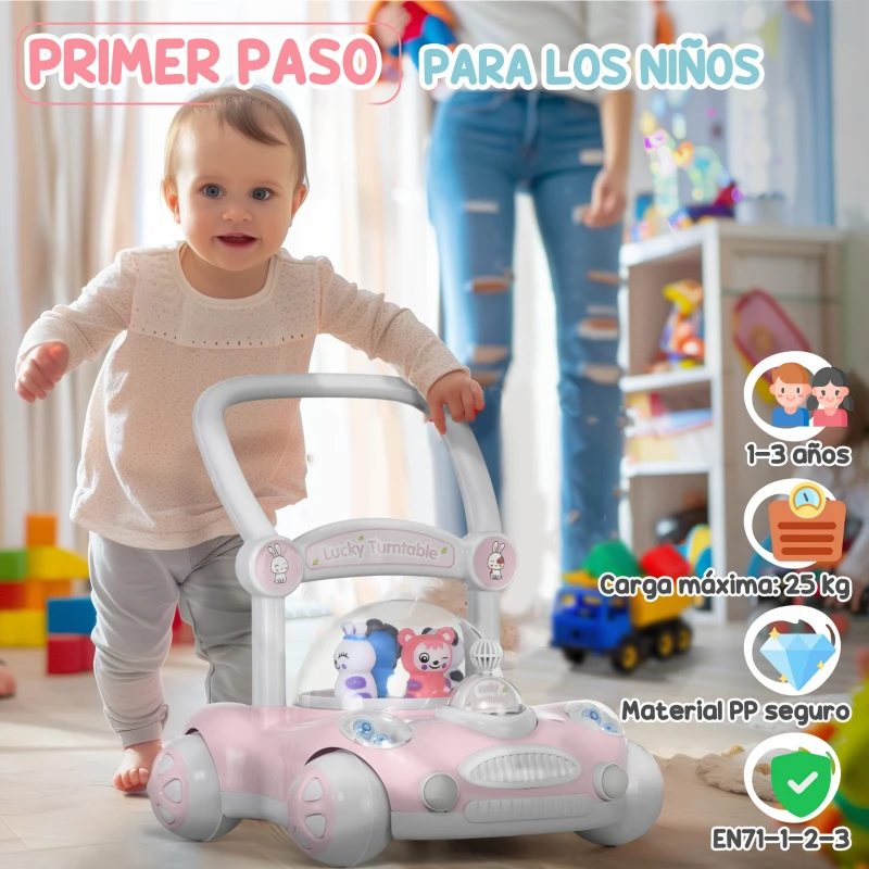 AIYAPLAY Andador para Bebés de 1-3 Años con Altura Ajustable Música Ruedas Antideslizantes Luces Manillar Desmontable Rosa