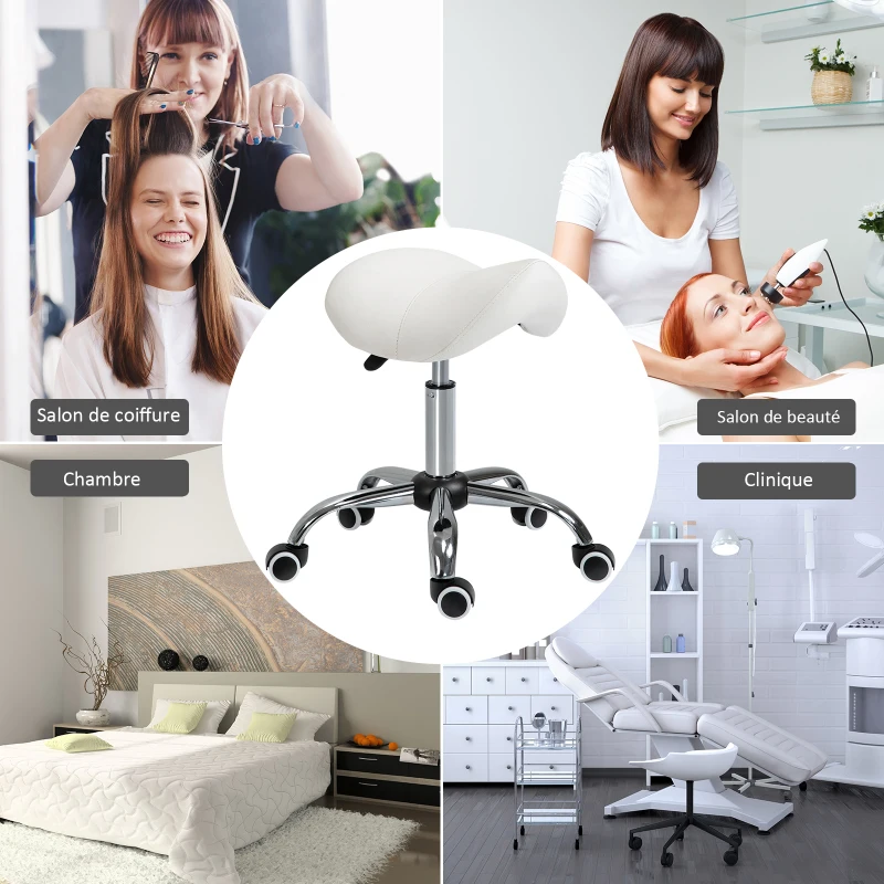 HOMCOM Tabouret à roulettes, tabouret de massage avec hauteur réglable 49-61 cm et selle ergonomique, chaise de travail à roulettes pivotant 360°, pour salon de massage, tatouage, clinique, spa, blanc
