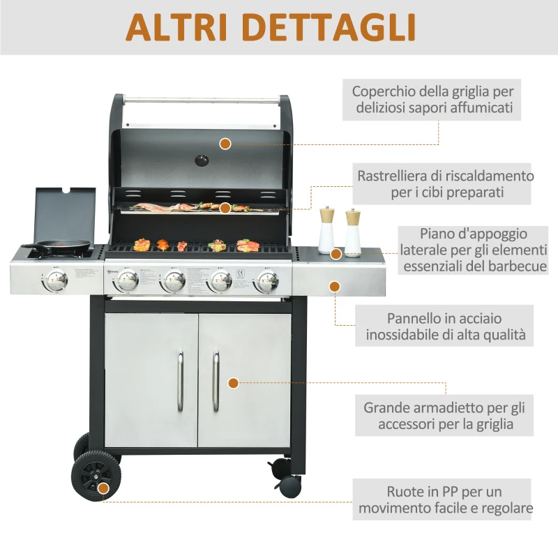 Outsunny Barbecue Gas con Coperchio e 5 Bruciatori da 15.2kW e 4 Ruote, 128x56x113cm