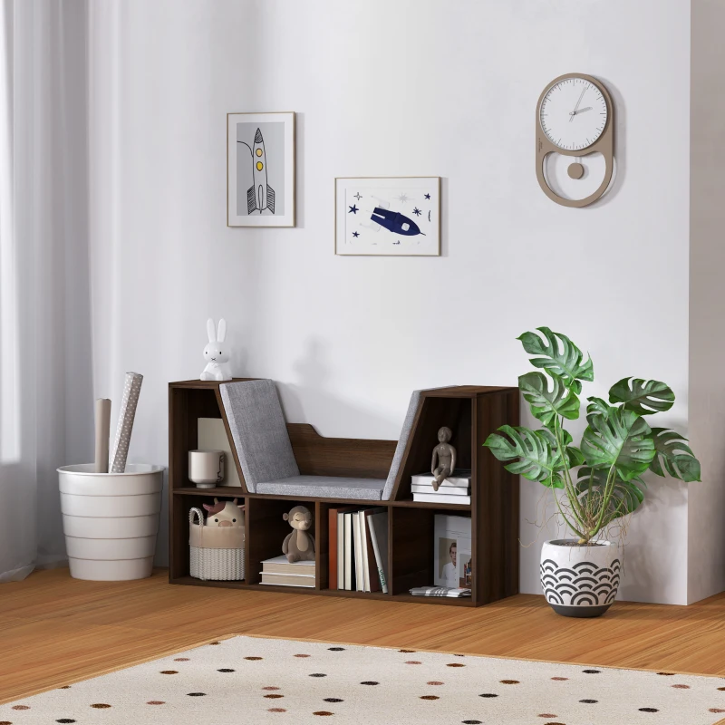 HOMCOM Bookcase Storage Shelf with Cushioned Reading Seat, Cube Bookshelf Organizer for Bedroom Living Room, Chestnut