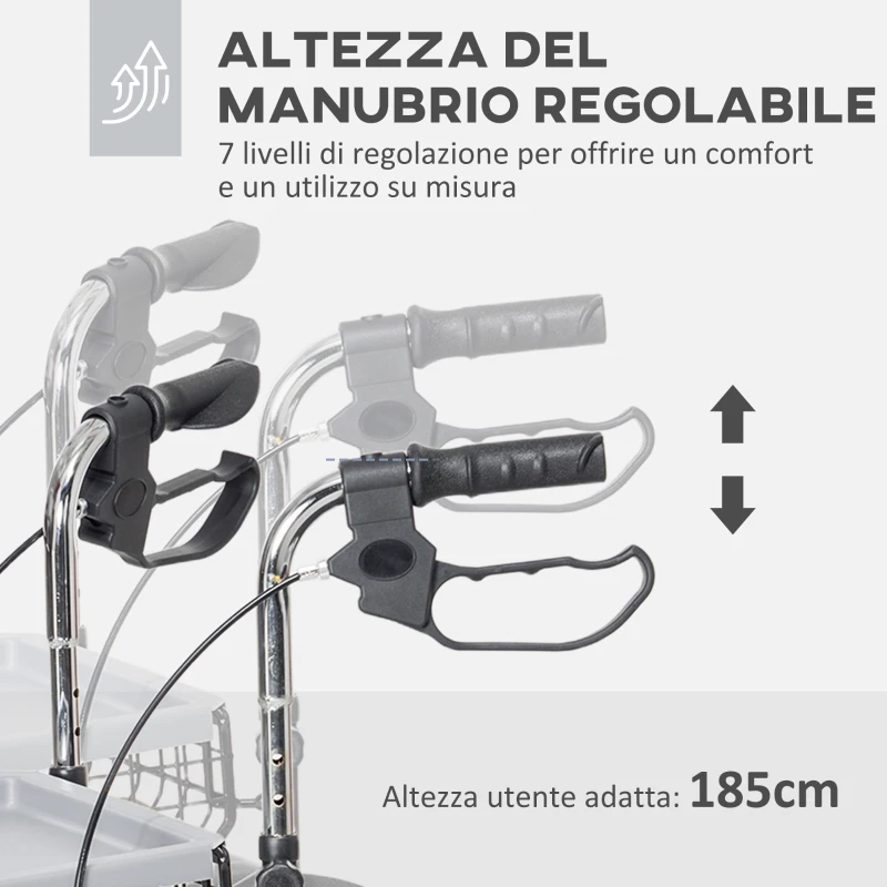 HOMCOM Deambulatore per Anziani e Disabili ad Altezza Regolabile con Cestino e Vassoio, 60x62x84-100.5 cm, Nero