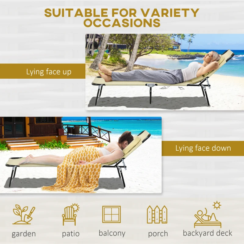 Outsunny Folding Sun Loungers Set of 2 with Face Hole, 4-Position Adjustable Backrest Garden Recliner Chairs Sunbeds, Outdoor Lounge Chairs with 600 D Oxford Cloth Seat, Pillow for Beach, Beige