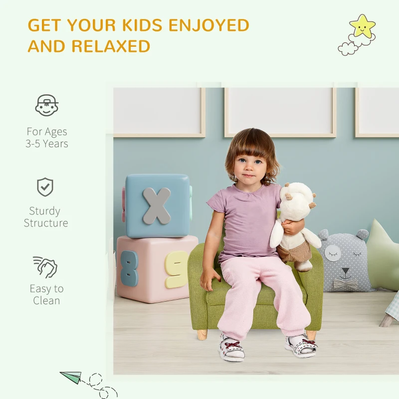 HOMCOM Children's Armchairs Toddler Chair Wood Frame Anti-Slip Legs High Back Bedroom Playroom Furniture Green