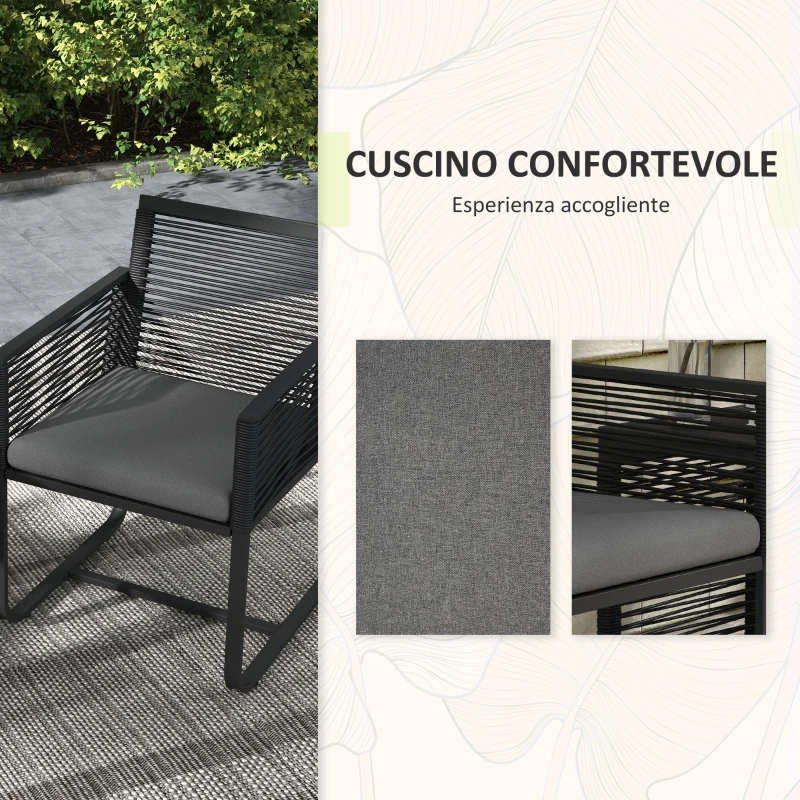 Outsunny Set da Giardino in Rattan con 2 Poltroncine con Cuscini e Tavolino da Caffè in Vetro, Nero