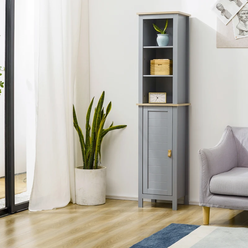 kleankin Armario Alto de Baño Moderno Mueble Columna de Baño con 1 Puerta Estante Ajustable y 3 Compartimentos 39x30x168 cm Gris