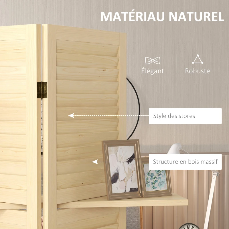 HOMCOM Paravent intérieur 4 panneaux 160L x 170H cm 3 étagères pliables séparateur de pièce portes persiennes naturel