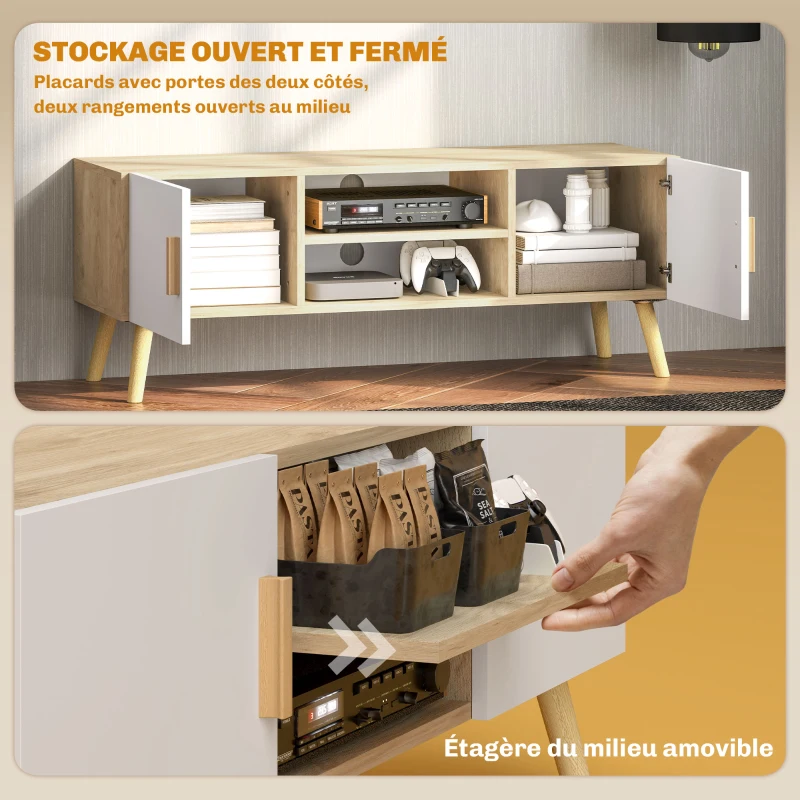 HOMCOM Meuble TV meuble télé bois banc TV jusqu'à 50 pouces avec étagères, 2 placards et passe-câbles, chêne