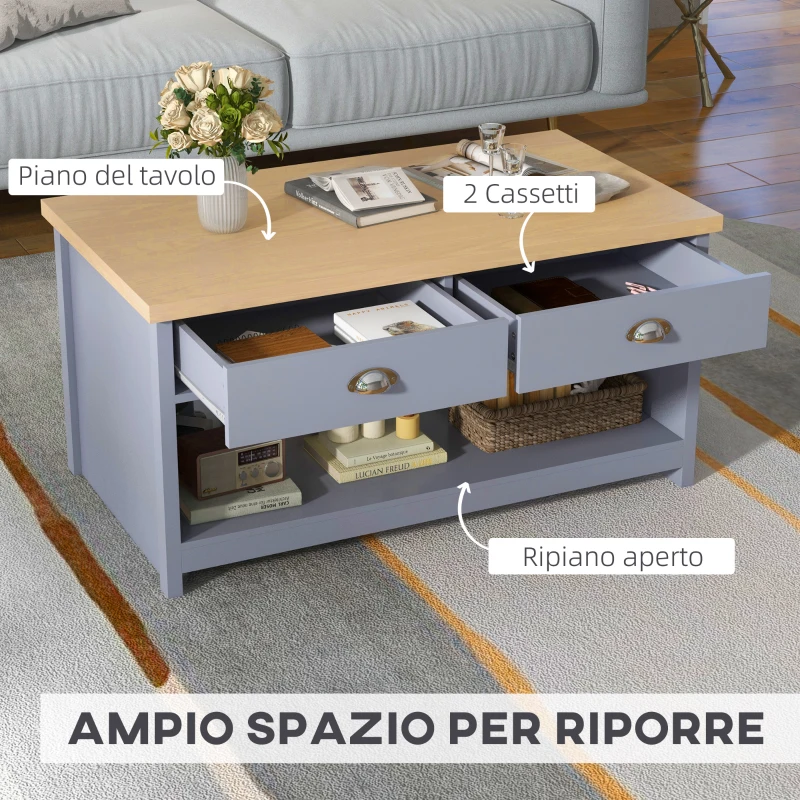 HOMCOM Tavolino da Caffè con Maniglie, 2 Cassetti e 1 Ripiano Aperto in MDF, 99x55x50.5cm