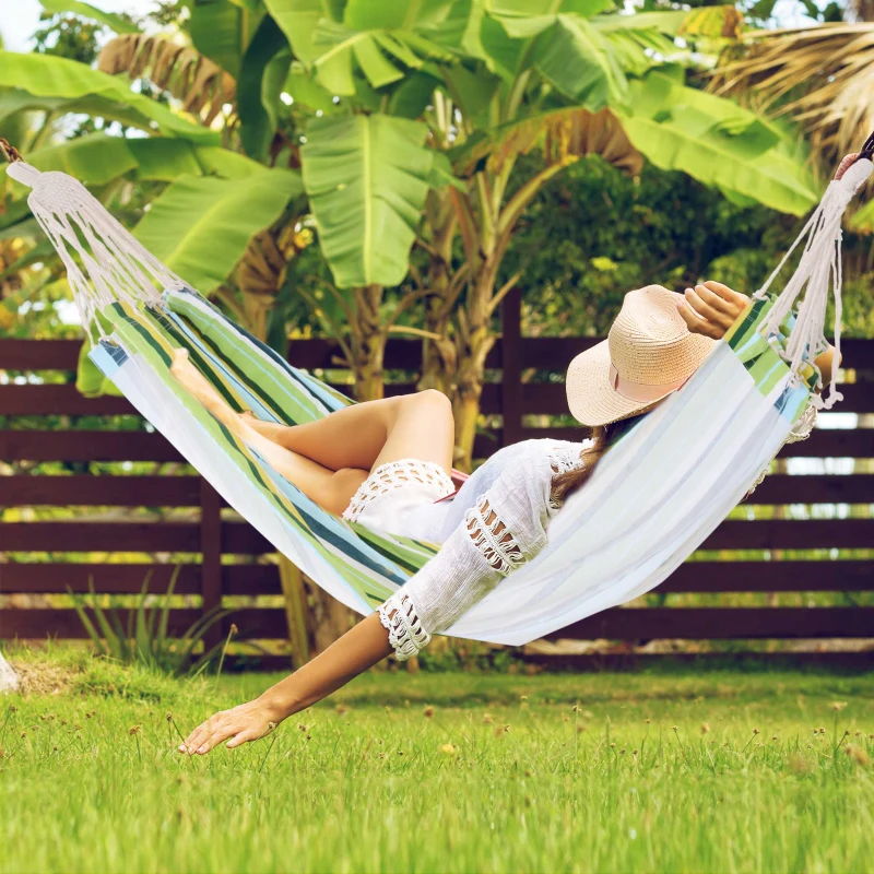 Outsunny Hamaca de Algodón para Jardín 200x150 cm Hamaca Colgante Portátil Carga Máx. 180 kg para Acampar Piscina Camping Rayas Multicolor