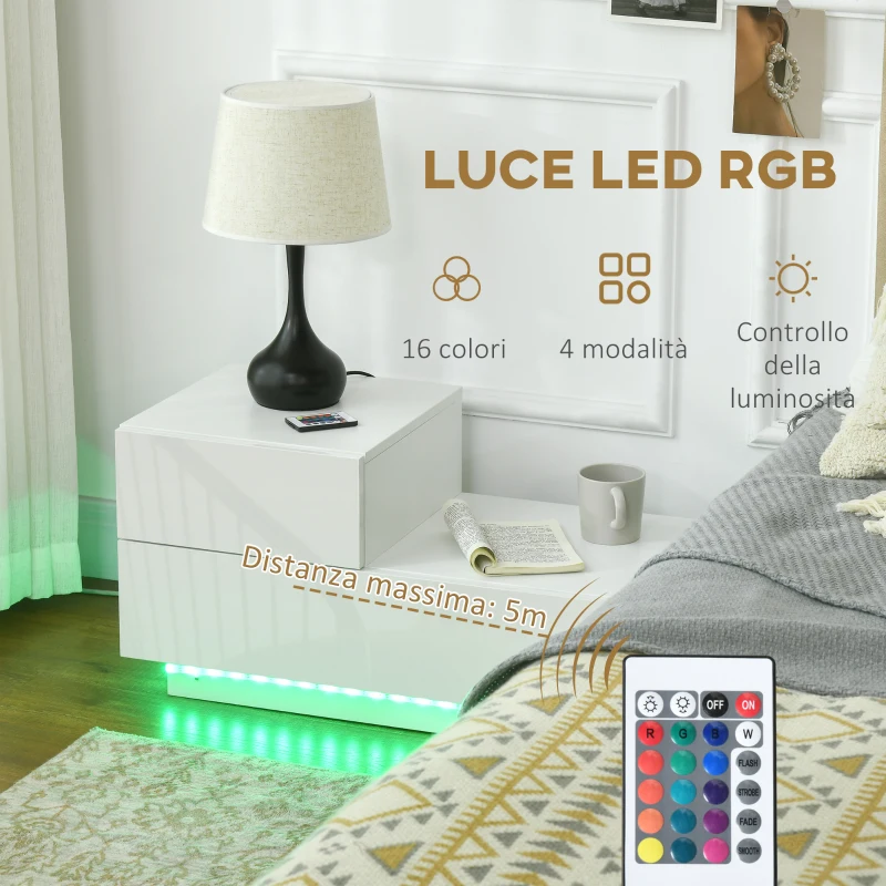 HOMCOM Comodino Moderno con 16 Luci LED RGB, Telecomando e Due Cassetti in Truciolato, 70x37x38cm, Bianco