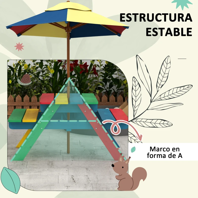 Outsunny Mesa de Picnic Infantil de Madera Mesa y 2 Bancos Infantiles con Sombrilla Extraíble 85,5x75x142,5 cm Multicolor
