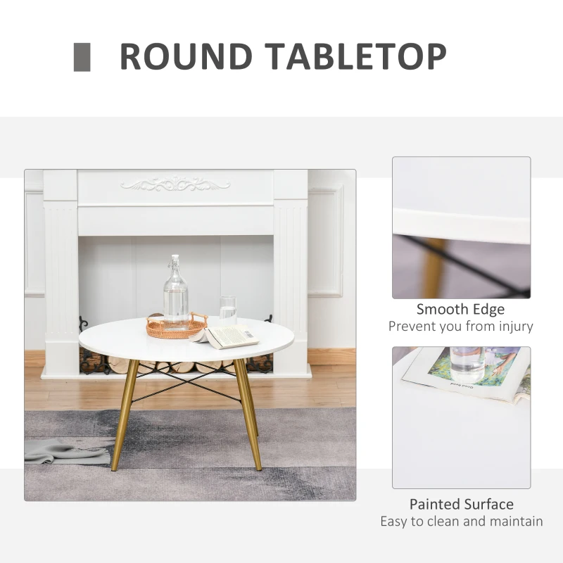 HOMCOM Modern Round Coffee Tea Table White Side End Living Room Storage Unit With Metal Legs Scandinavian Chic