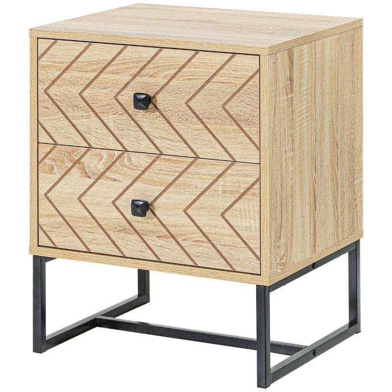 HOMCOM Bedside Table Nightstand Two-Drawer Bedroom Storage Unit Zig Zag Design with Black Metal Handles, Natural