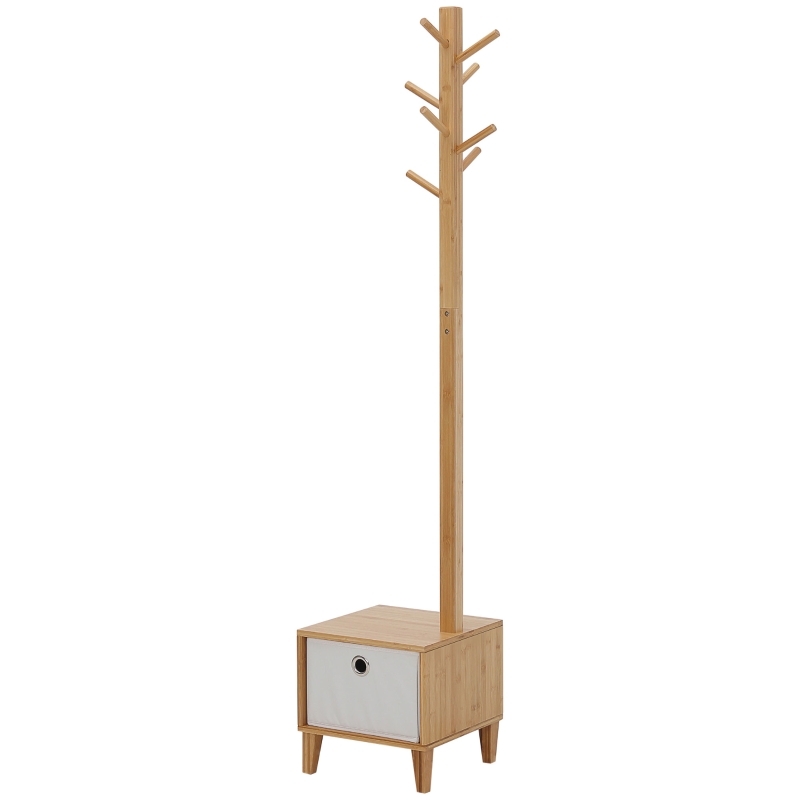 HOMCOM Perchero de Pie de Bambú Perchero con Banco Tipo de Árbol Cajón de Tela y 8 Ganchos para Colgar Ropa 35x35x177cm Natural