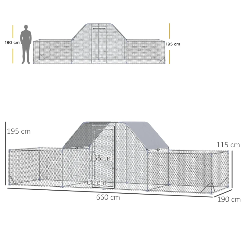PawHut Enclos poulailler chenil volière extérieur 12,5 m² pour 12 à 15 poules 6,6 x 1,9 x 1,95 m acier galvanisé