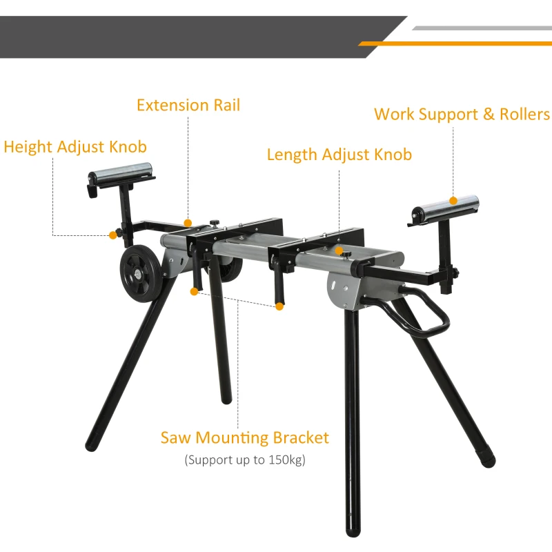 DURHAND Mitre Saw Stand with Extensions, Sawhorse for Cutting Logs, Foldable with Wheels Max Load 150 Kg, Black and Grey