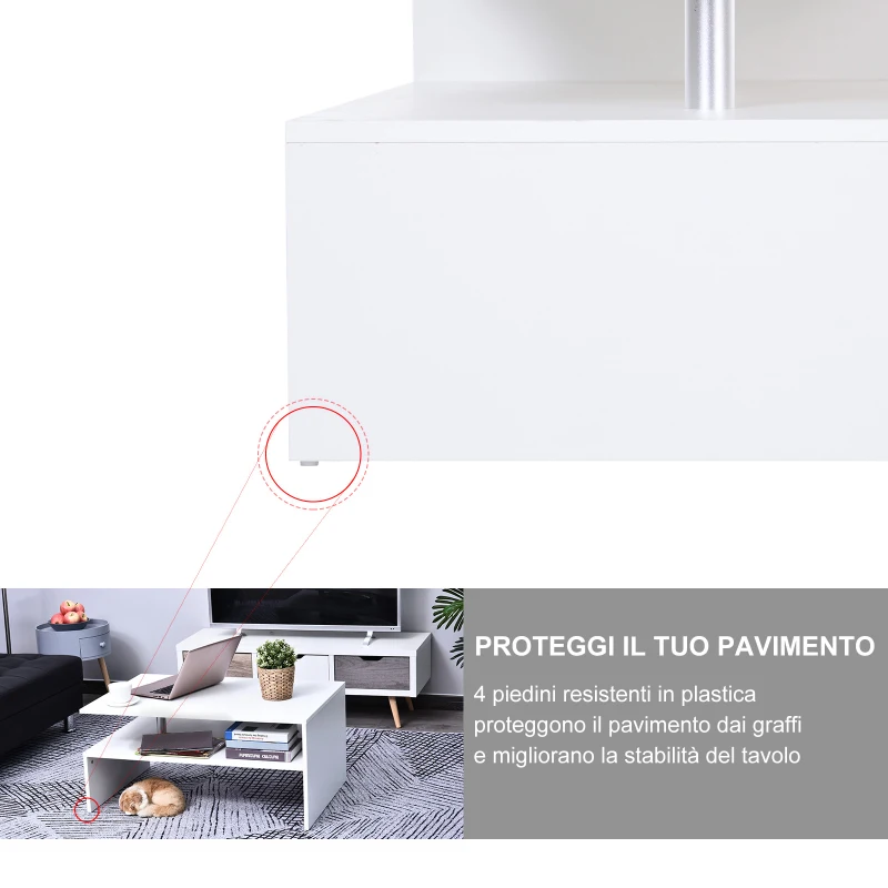 HOMCOM Tavolino da Caffè Basso a 2 Livelli Arredamento Moderno , Tavolino Basso in Legno e Alluminio, Bianco, 90x60x42cm