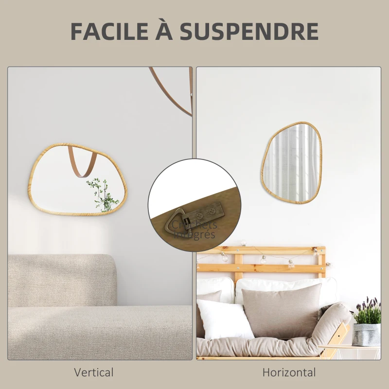HOMCOM Miroir mural miroir décoratif forme organique avec cadre en bois horizontal ou vertical 70 x 50 cm naturel
