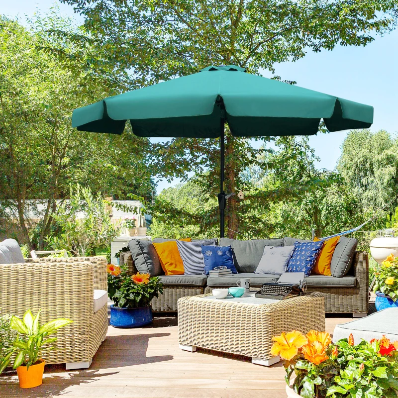 Outsunny 2.7m Patio Parasol Garden Umbrellas Outdoor Sun Shade Table Umbrella with Tilt, Crank, 8 Ribs, Ruffles, Green