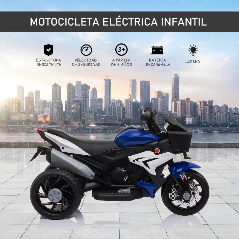 HOMCOM Moto Eléctrica Infantil con Luces Bocina Música Neumáticos Anchos Moto para Niños con Velocidad 3 km/h Azul