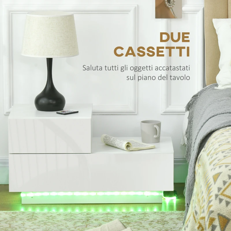 HOMCOM Comodino Moderno con 16 Luci LED RGB, Telecomando e Due Cassetti in Truciolato, 70x37x38cm, Bianco