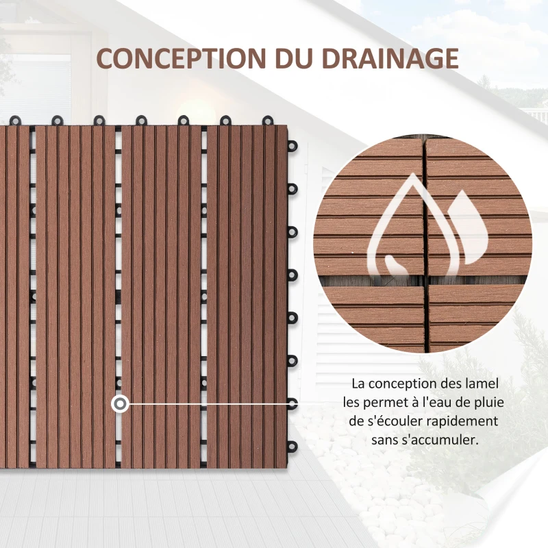 Outsunny Lot de 11 dalles de jardin piscine 30 x 30 x 2,2 cm dalle clipsable pour jardin, balcon, piscine en HDPE marron clair