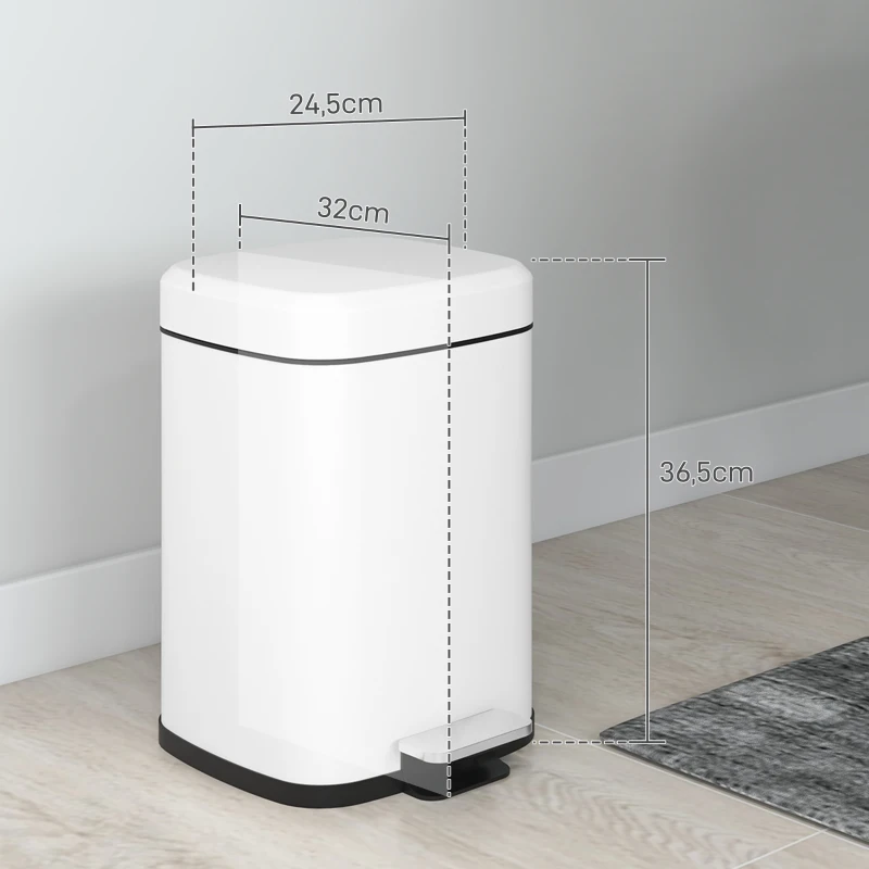 HOMCOM Poubelle de cuisine 12L avec couvercle à fermeture douce et pédale, seau intérieur amovible, 24,5 x 32 x 36,5 cm, blanc