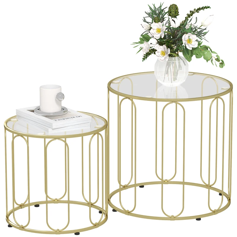 HOMCOM Lot de 2 tables basses gigognes rondes modernes avec cadre en métal et plateau en verre trempé, ton doré