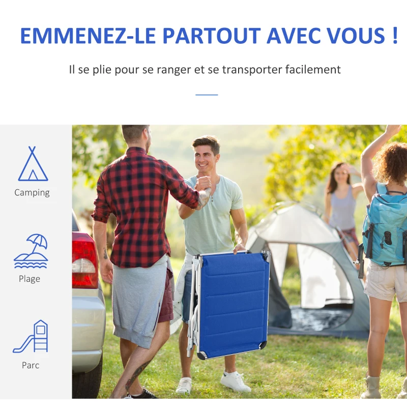 Outsunny Bain de soleil transat pliable dossier réglable multi-positions matelassage tétière alu textilène bleu