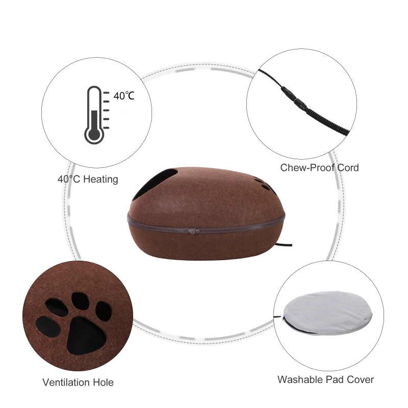PawHut Cuccia Interni Marrone, per Gatti, Riscaldante 40 °C con Cuscino Sfoderabile e Copertura Rimovibile, Facile da Pulire