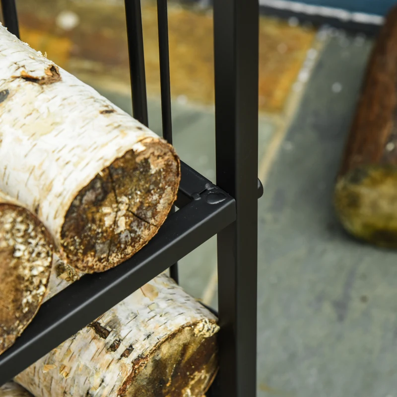 Outsunny Portalegna a 2 Ripiani in Metallo con Paletta, Scopa, Attizzatoio e Pinza, 41.5x32.5x74.5 cm, Nero