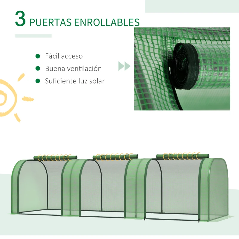 Outsunny Mini Invernadero de Jardín 295x100x80 cm para Cultivo de Plantas Tipo Túnel Marco Acero y Plástico Verde