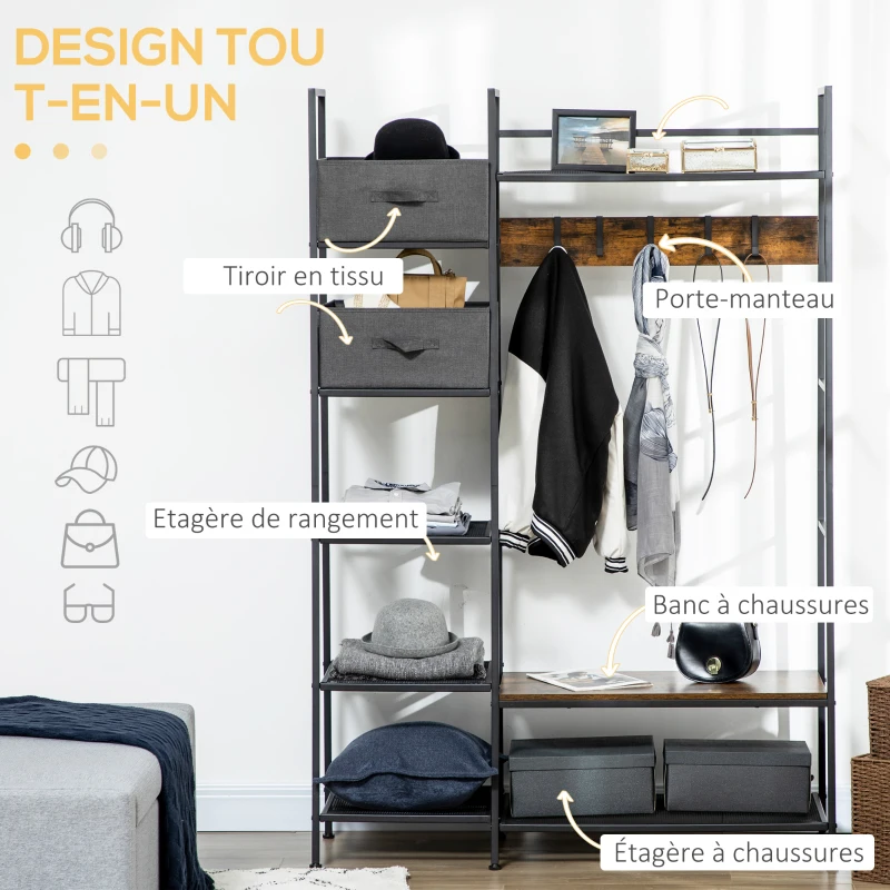 HOMCOM Portemanteau meuble de rangement entrée, 6 étagères 4 crochets 2 tiroirs en tissu, 125 x 43 x 185,5 cm, en acier et bois