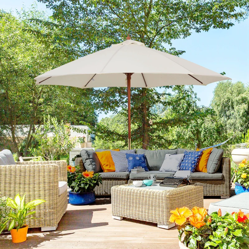 Outsunny 2.5m Garden Parasol Umbrella, Outdoor Market Table Umbrella with Wooden Pole & 8 Fibre Glass Ribs, Round Sun Shade Canopy, Off-White