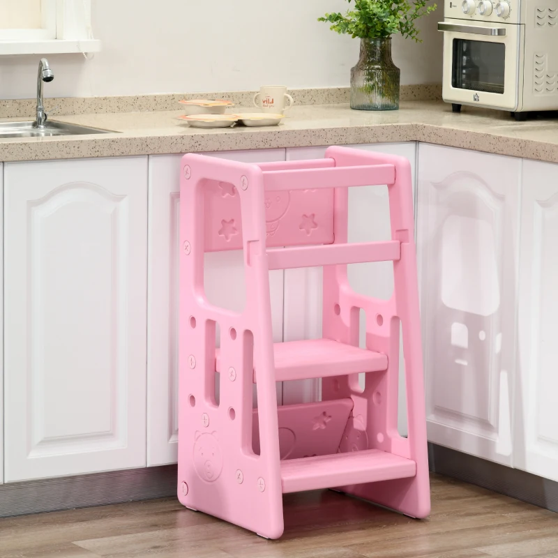 HOMCOM Kids Step Stool, Adjustable Standing Platform, Toddler Kitchen Stool, Pink