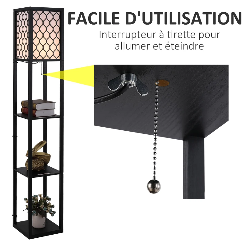 HOMCOM Lampadaire étagère Lampe étagère 26L x 26l x 160H cm 4 Niveaux MDF Noir Motif nid d'abeille