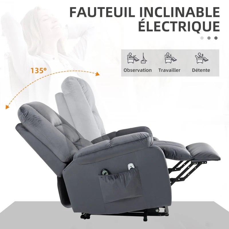 HOMCOM Fauteuil releveur électrique fauteuil de relaxation inclinable 8 points de massage vibrants 85 x 94 x 107 cm gris
