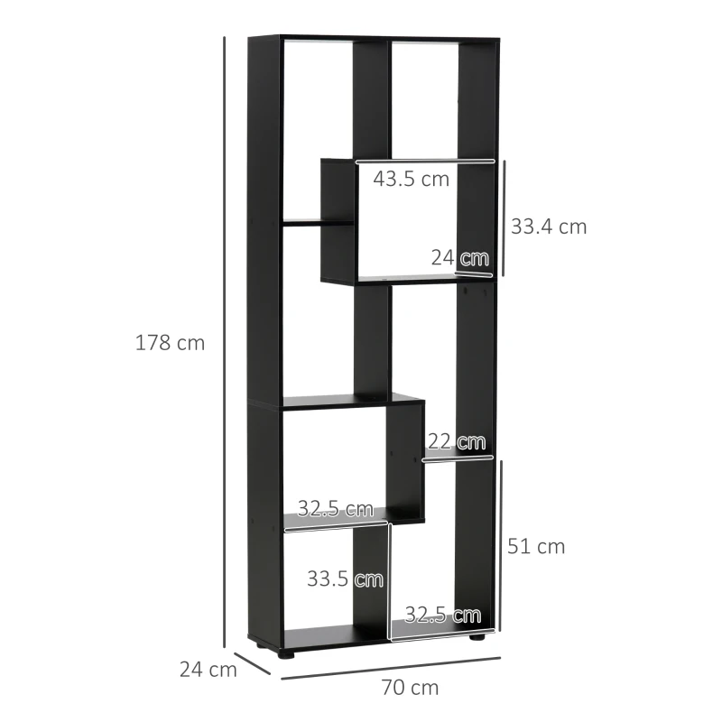 HOMCOM 8-Tier Freestanding Bookcase w/ Melamine Surface Anti-Tipping Foot Pads Home Display Storage Grid Stand Bedroom Living Room Furniture Modern Style - Black