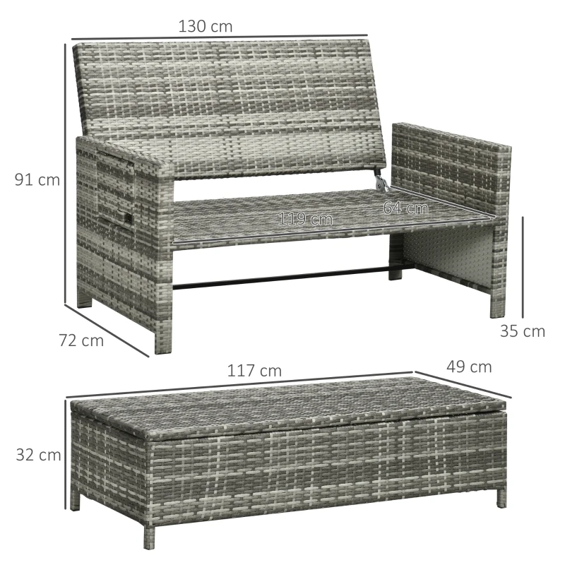 Outsunny Rattan Garden Daybed, Assembled Double Sun Lounger with 5-Level Adjustable Back, Storage Ottoman, Cushions, Pillows and Retractable Trays, Outdoor Loveseat Sofa Bed for Patio, Mixed Grey