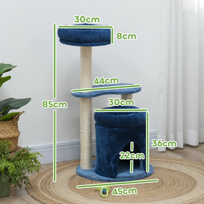 PawHut Arbre à chat, arbre à grimper pour chat, avec poteaux à griffer en sisal naturel, hauteur de 85 cm, bleu foncé, crème