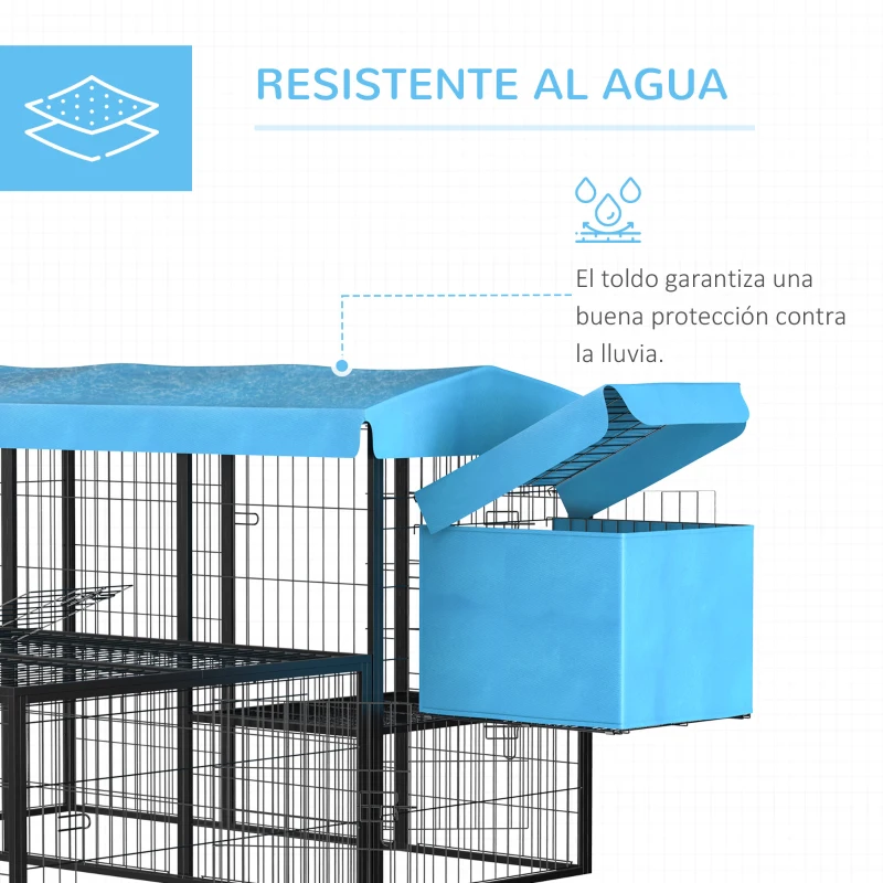 PawHut Gallinero para Exterior de Acero Jaula para 6-10 Gallinas con Toldo Corral de Alambre Independiente Nido Múltiples Puertas y Plataforma 200x165,5x103 cm Negro y Azul