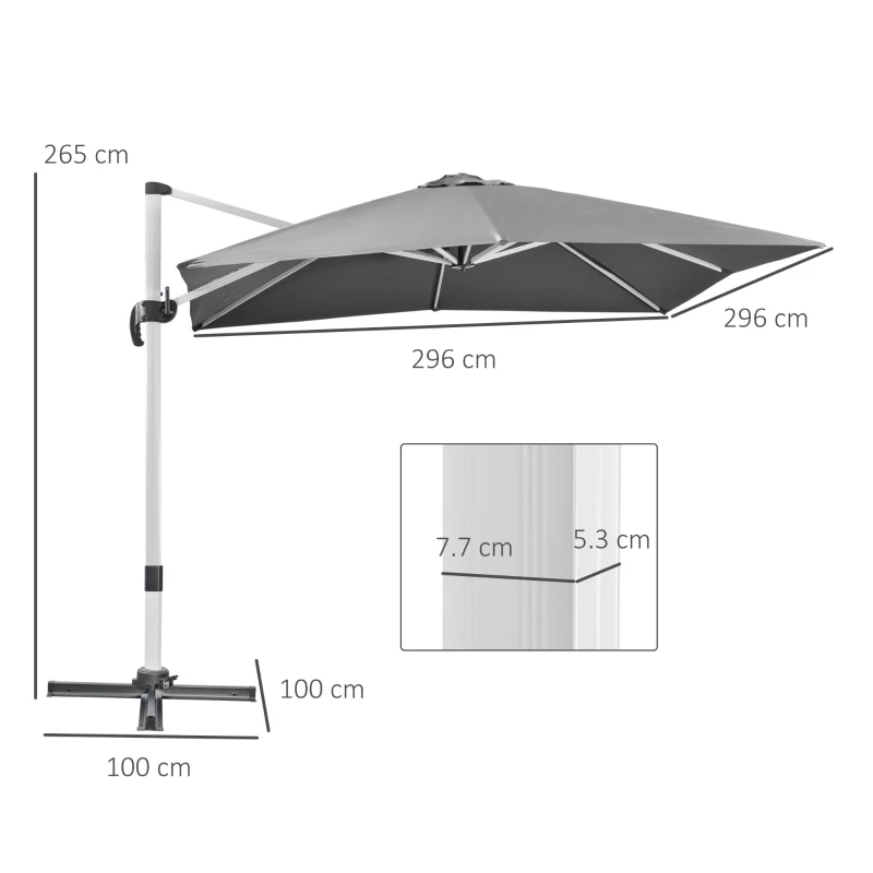 Outsunny 3 x 3(m) Cantilever Roma Parasol, Square Garden Umbrella with Cross Base, Crank Handle, Tilt, 360° Rotation and Aluminium Frame, Grey