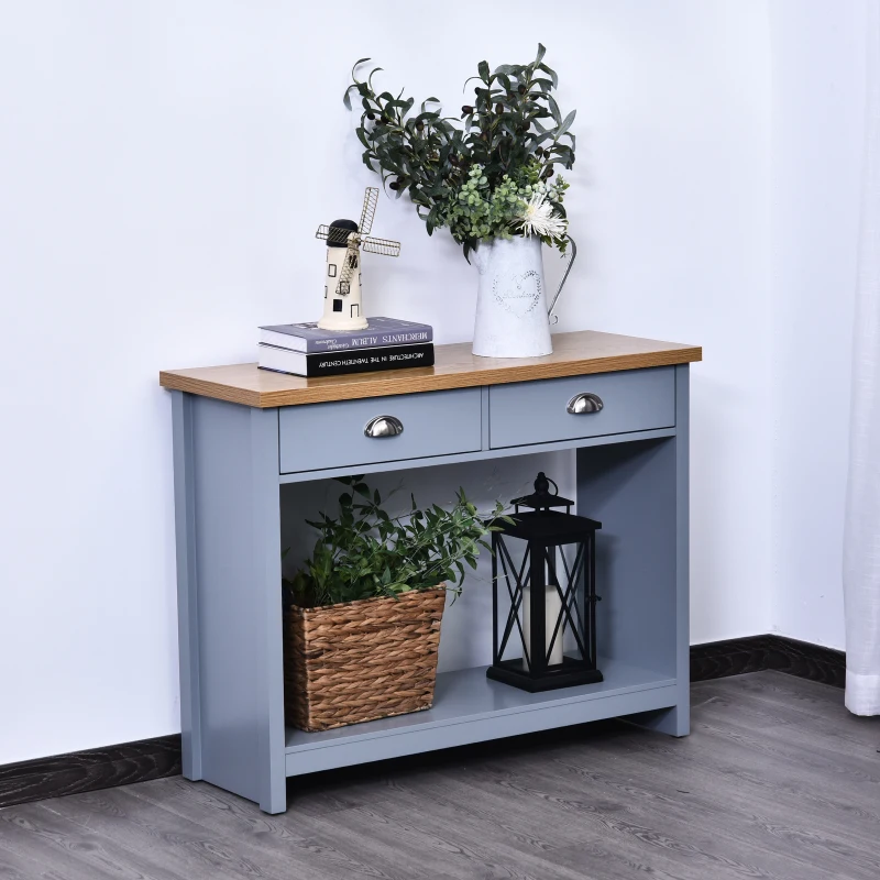 HOMCOM 2 Drawers Console Table w/Bottom Shelf Rustic Retro Style Hallway Living Room Home Furniture Wood Effect Worktop Grey