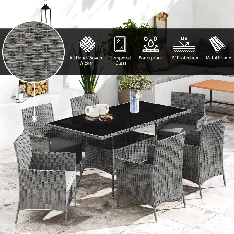 Outsunny 7-Piece Rattan Garden Furniture Set with Cushions, 6 Seater Garden Table and Chairs, Rattan Dining Set with 6 Armchairs, Rectangular Glass Top Table, Charcoal Grey