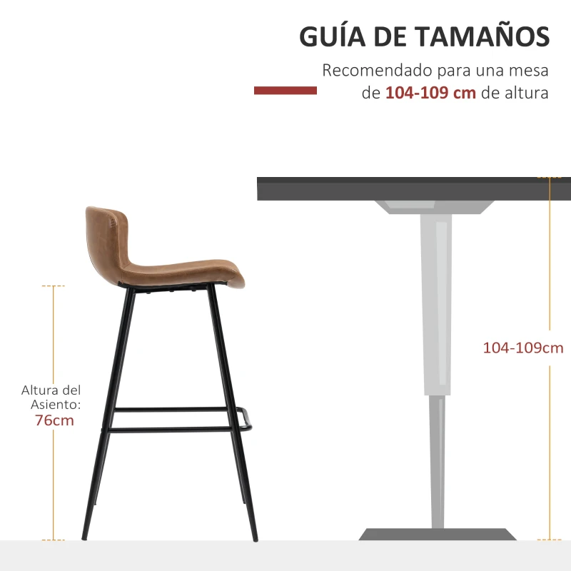 HOMCOM Conjunto de 2 Taburetes Altos de Cocina con Respaldo Tapizado en PU Carga 120 kg para Bar Salón Comedor Marrón