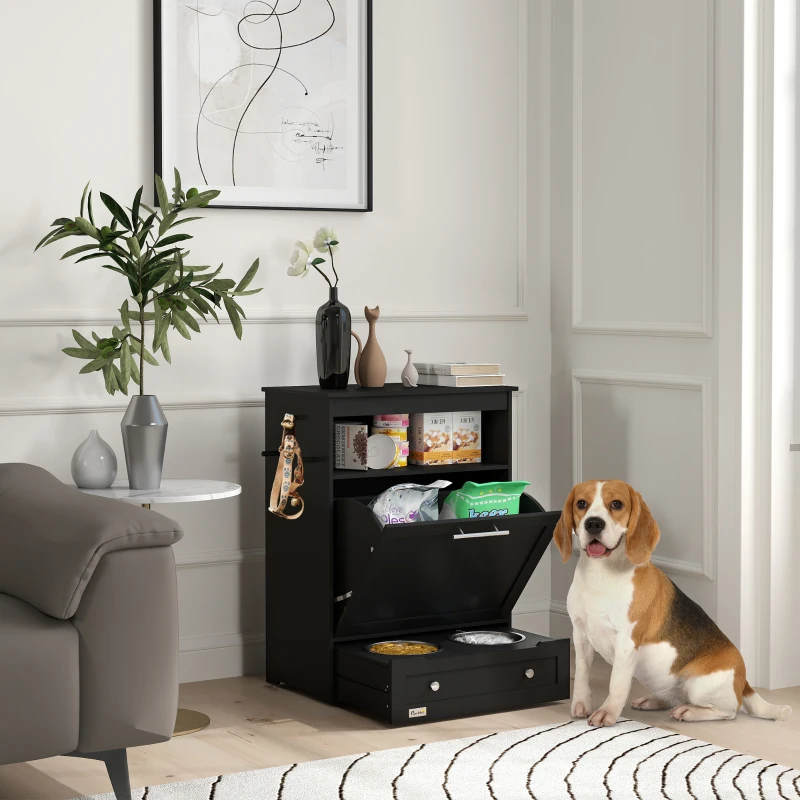 PawHut Pet Feeder Station, Dog, Cat Storage Container, with Raised Bowls, Hanger, Cabinet - Black