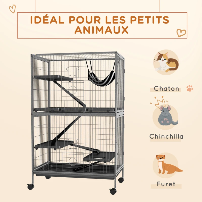PawHut Cage pour rongeurs Multifonction 4 Plateformes 3 rampes 4 Portes dim. 80L x 52l x 128H cm acier Gris argenté Noir