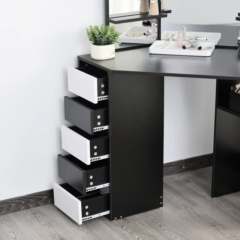 HOMCOM Coiffeuse d'angle design contemporain table de maquillage multi-rangements 5 tiroirs 3 étagères 3 miroirs noir blanc