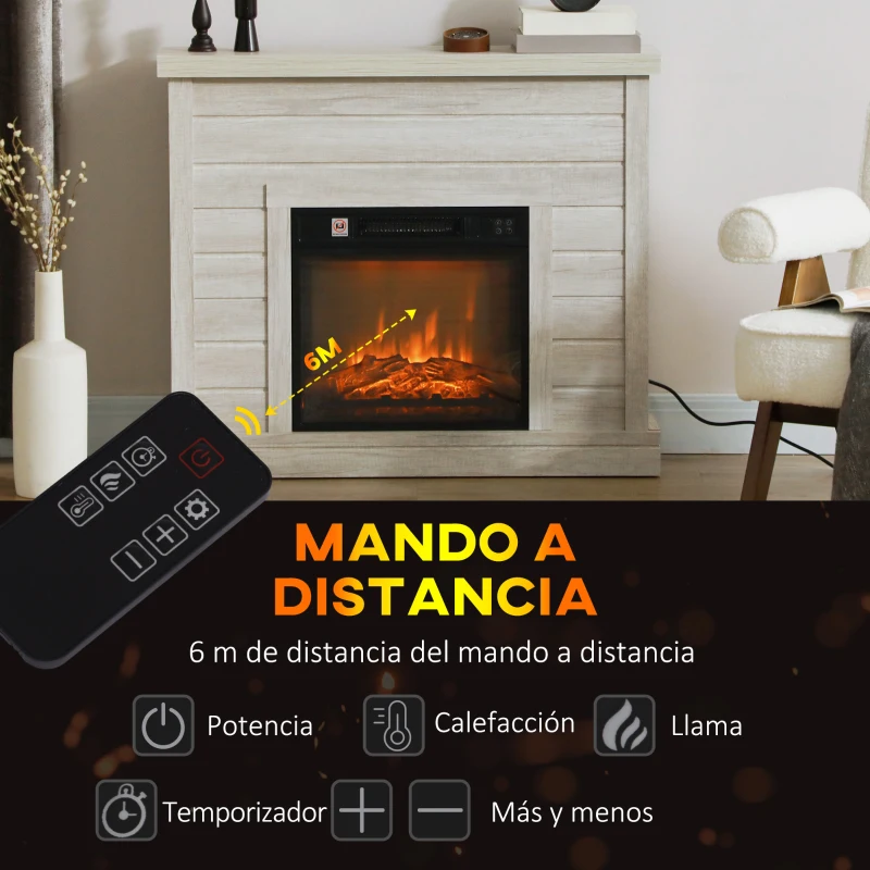 HOMCOM Chimenea Eléctrica 1800W con Efecto de Llama Mando a Distancia Temporizador Semanal para Sala 30 m² Madera Clara