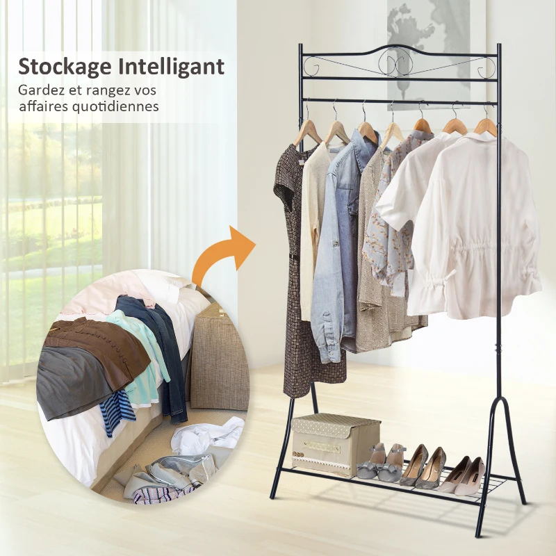 HOMCOM Portant penderie à vêtements sur pied style néo-rétro fer forgé étagère chaussures intégrée noir